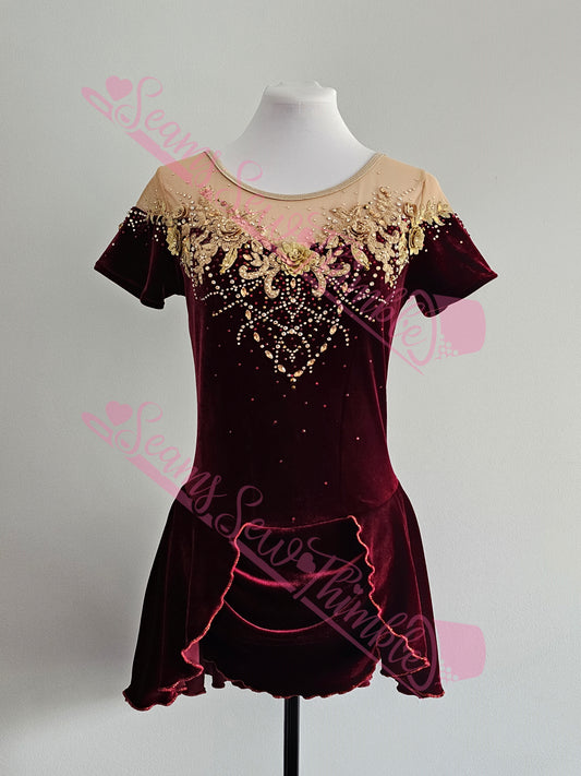 Wine Red Velvet Gold Floral Design Skating Dress - Women's size 8