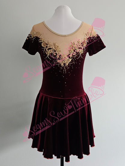 Wine Red Velvet Gold Floral Design Skating Dress - Women's size 8