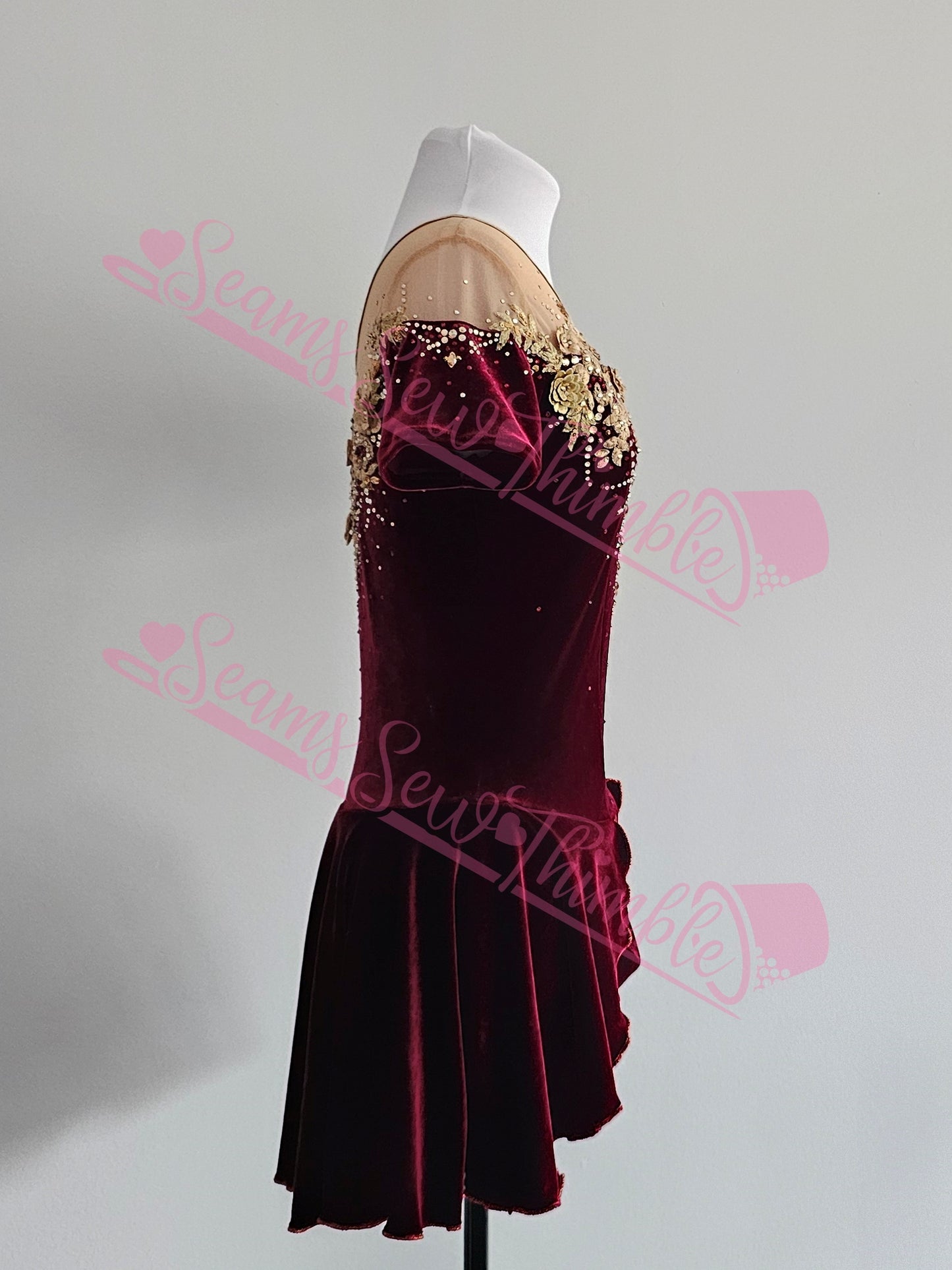 Wine Red Velvet Gold Floral Design Skating Dress - Women's size 8